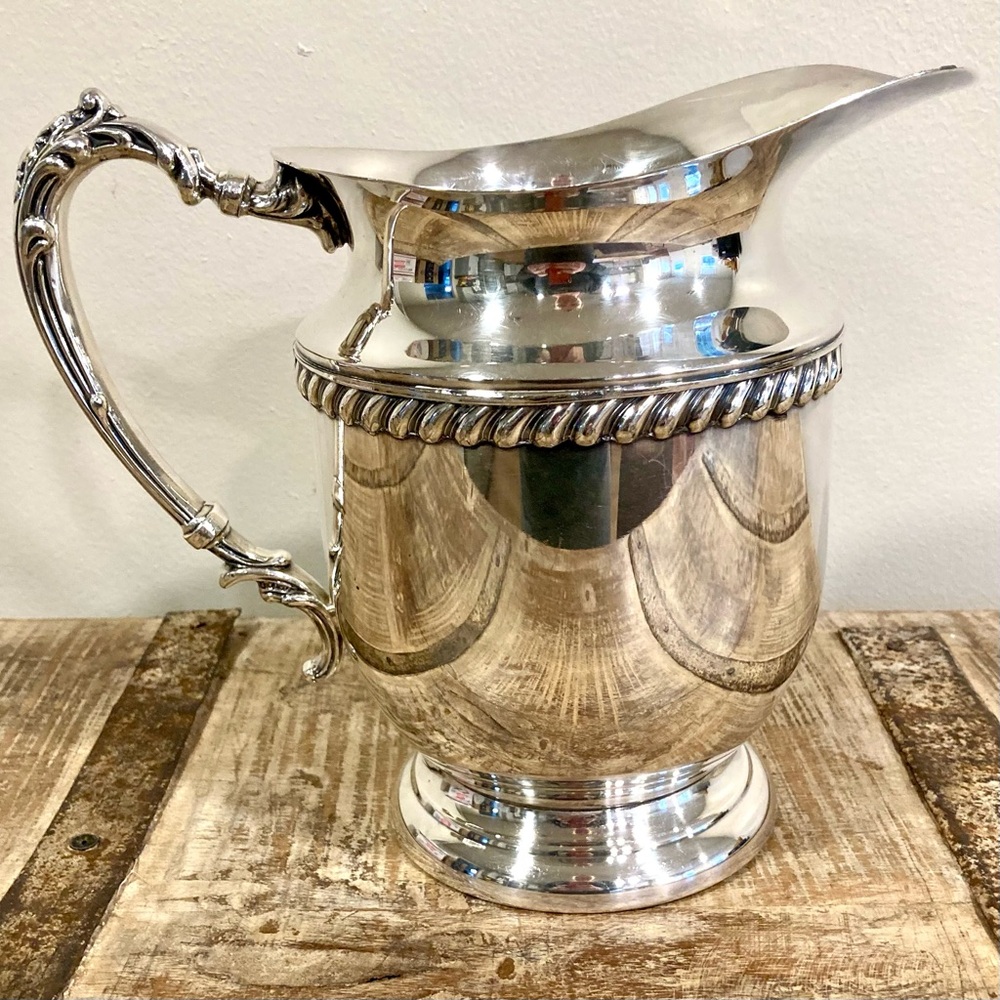 Vintage Silver-plated Copper Water Pitcher Ornate Rope Band & Scroll Handle